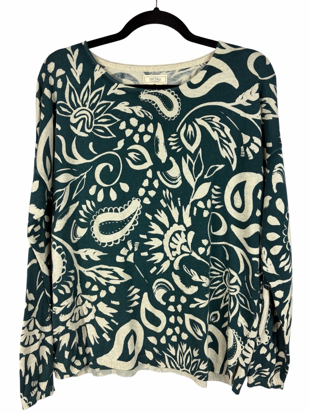 Fat Face 100% Cotton Floral Paisley Knit Sweater Green Cream UK 14 US 10